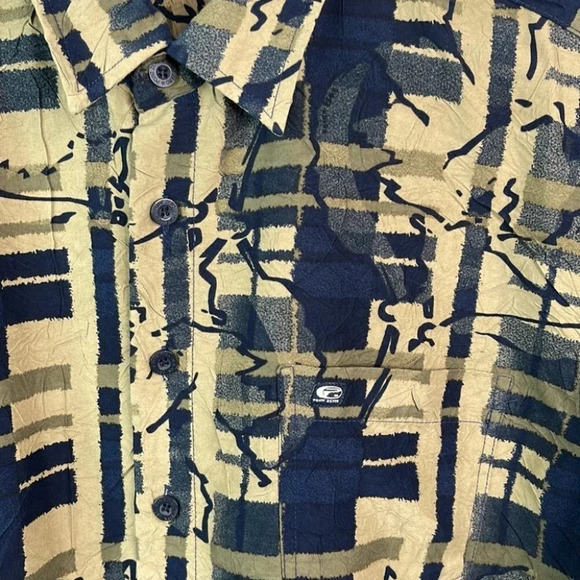 POINT ZERO Mens Print Plisse Shirt Orange Label Tan Navy Retro 80s Vibe Size M - Picture 4 of 14